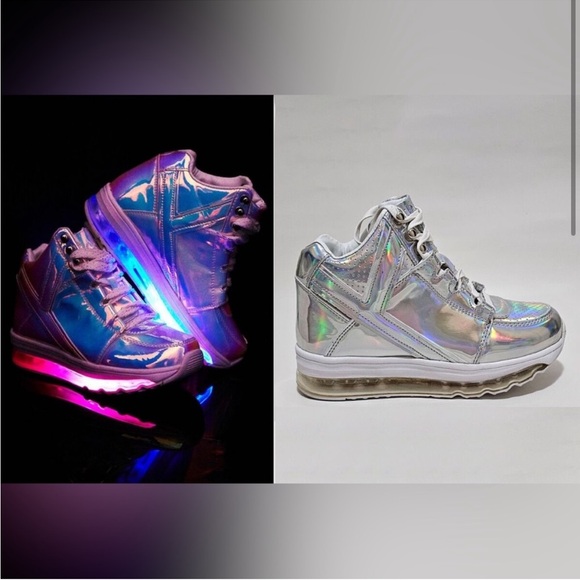 YRU Qozmo Aiire Silver Holographic High Top Sneakers - Picture 2 of 8